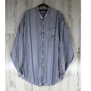 Siegfried Grandad Collar Shirt Large Blue Striped Vintage 90s Hong Kong Cotton